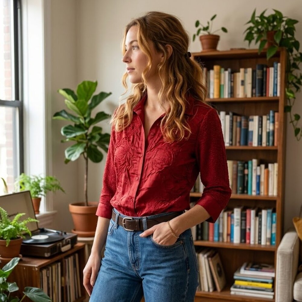 NWT Chico’s Red Crinkle High Low Tunic Button Front Size 2 L